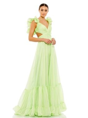 Mac Duggal Light Green Ruffled Organza Evening Gown